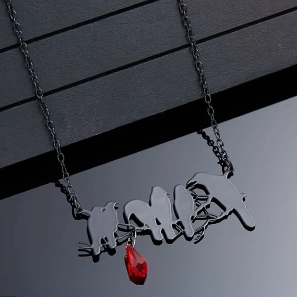 “Raven” Edgar Poe Perched Crows Birds Blood Droplet Macabre Gothic Grim Necklace - Picture 6 of 16